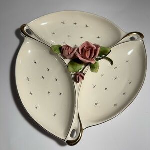 Lefton Cream and Pink Floral Divided Dish